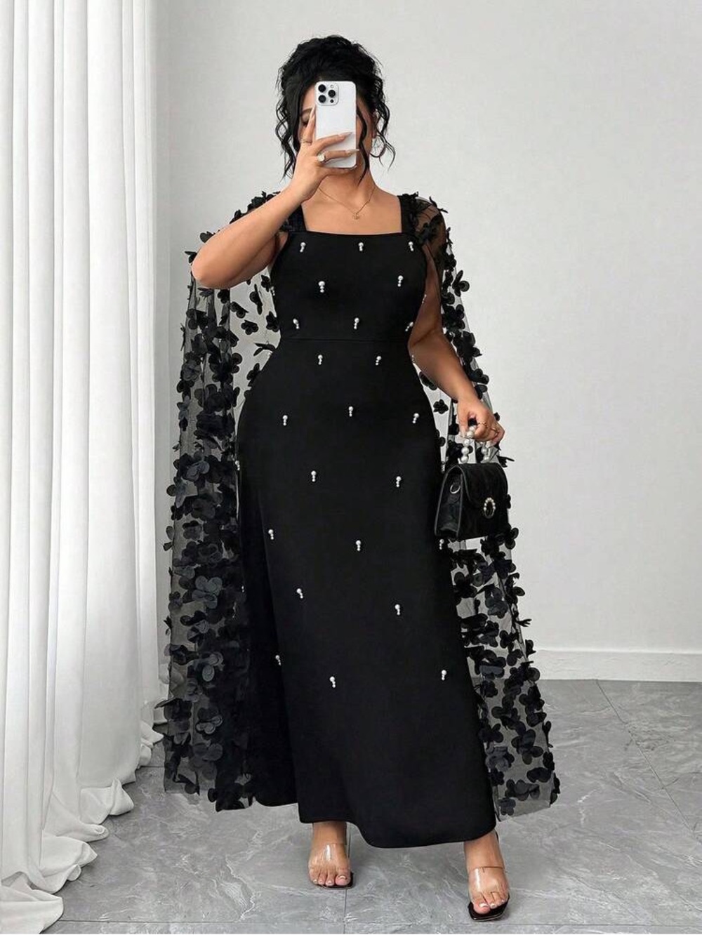 Dress sz 6XL Whimsygoth Gothic Witchy Formal Black Maxi Pearls Tulle Sleeves